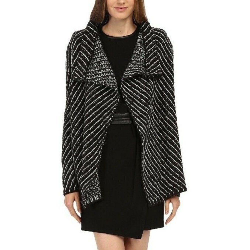 New The Kooples Sport Open Cardigan Womens 2/8 Diago Stripe Stitch Black White